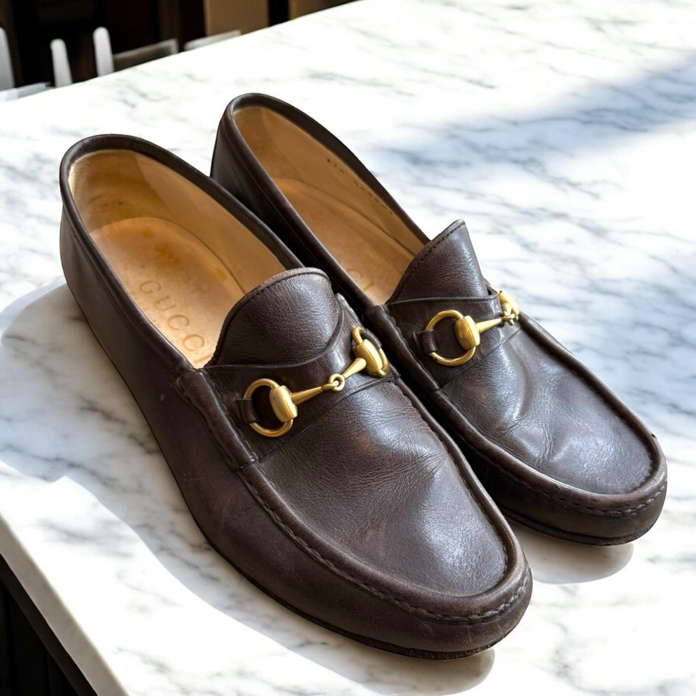Gucci Brown Leather Loafers with Gold Hardware